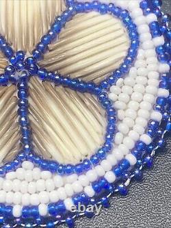 Vintage Native American Seed Bead Leather Feather Beading Pin Brooch Blue Flower