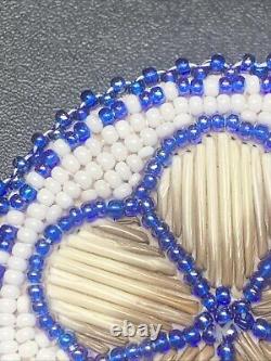 Vintage Native American Seed Bead Leather Feather Beading Pin Brooch Blue Flower