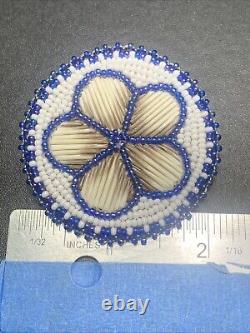 Vintage Native American Seed Bead Leather Feather Beading Pin Brooch Blue Flower