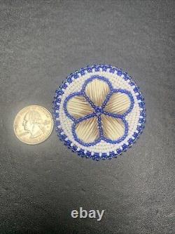 Vintage Native American Seed Bead Leather Feather Beading Pin Brooch Blue Flower