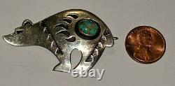 Vintage Native American Signed Rm Sterling Brooch Pendant Turquoise Silver Bear