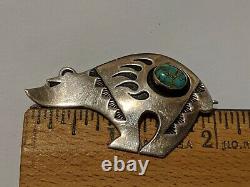 Vintage Native American Signed Rm Sterling Brooch Pendant Turquoise Silver Bear