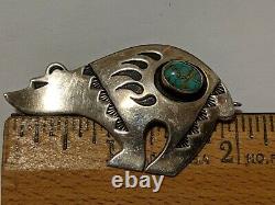 Vintage Native American Signed Rm Sterling Brooch Pendant Turquoise Silver Bear