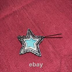 Vintage Native American Star Blue Turquoise Sterling Silver Brooch Pin Bolo Tie