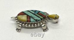 Vintage Native American Sterling Multistone Inlay Turtle Pin Brooch Pendant7.53g