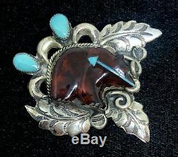 Vintage Native American Sterling Silver Amber & Turquoise Fetish Bear Pin Brooch