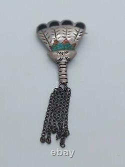 Vintage Native American Sterling Silver Crushed Turquoise Fan Brooch Pin Signed