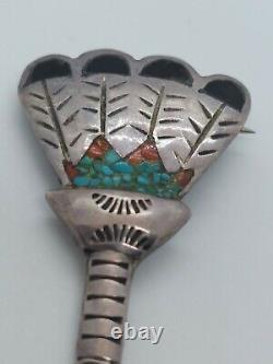 Vintage Native American Sterling Silver Crushed Turquoise Fan Brooch Pin Signed