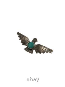 Vintage Native American Sterling Silver Green Turquoise Thunderbird Pin