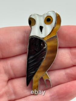 Vintage Native American Sterling Silver Inlaid Owl Brooch