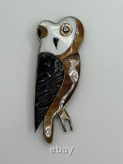 Vintage Native American Sterling Silver Inlaid Owl Brooch