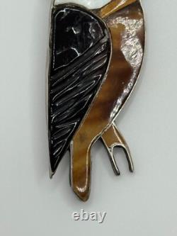 Vintage Native American Sterling Silver Inlaid Owl Brooch