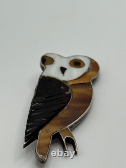 Vintage Native American Sterling Silver Inlaid Owl Brooch