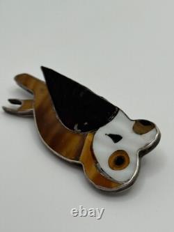 Vintage Native American Sterling Silver Inlaid Owl Brooch