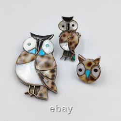 Vintage Native American Sterling Silver Inlay Owl Lot Brooch & Pin & Ring Sz 3.5