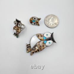 Vintage Native American Sterling Silver Inlay Owl Lot Brooch & Pin & Ring Sz 3.5