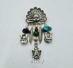 Vintage Native American Sterling Silver Kachina Head Pin/Pendant With Stones