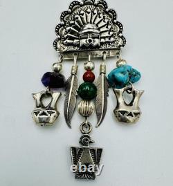 Vintage Native American Sterling Silver Kachina Head Pin/Pendant With Stones