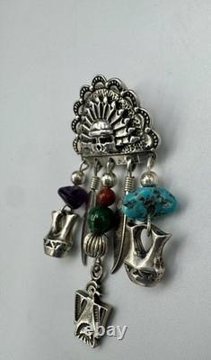 Vintage Native American Sterling Silver Kachina Head Pin/Pendant With Stones