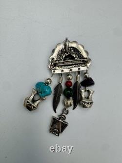 Vintage Native American Sterling Silver Kachina Head Pin/Pendant With Stones