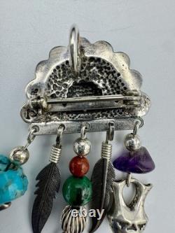 Vintage Native American Sterling Silver Kachina Head Pin/Pendant With Stones