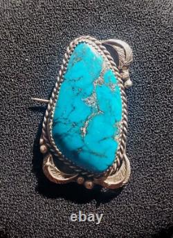 Vintage Native American Sterling Silver & Large Turquoise Stone Brooch Pin