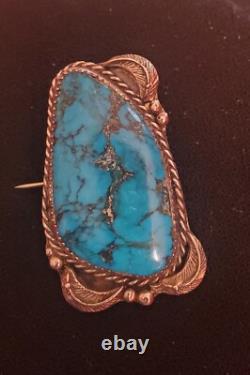 Vintage Native American Sterling Silver & Large Turquoise Stone Brooch Pin