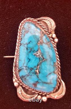 Vintage Native American Sterling Silver & Large Turquoise Stone Brooch Pin