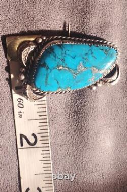 Vintage Native American Sterling Silver & Large Turquoise Stone Brooch Pin