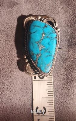 Vintage Native American Sterling Silver & Large Turquoise Stone Brooch Pin