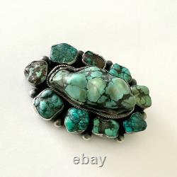 Vintage Native American Sterling Silver Large Turquoise Stone Pin Brooch