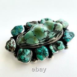 Vintage Native American Sterling Silver Large Turquoise Stone Pin Brooch