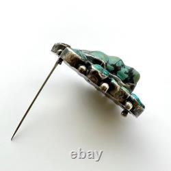 Vintage Native American Sterling Silver Large Turquoise Stone Pin Brooch