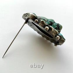 Vintage Native American Sterling Silver Large Turquoise Stone Pin Brooch