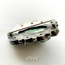 Vintage Native American Sterling Silver Large Turquoise Stone Pin Brooch