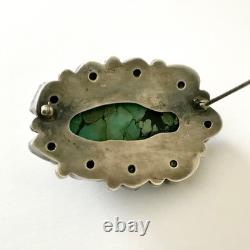 Vintage Native American Sterling Silver Large Turquoise Stone Pin Brooch