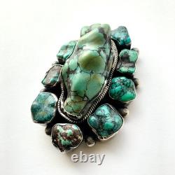 Vintage Native American Sterling Silver Large Turquoise Stone Pin Brooch
