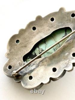 Vintage Native American Sterling Silver Large Turquoise Stone Pin Brooch