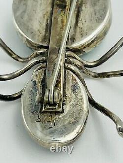 Vintage Native American Sterling Silver Malachite & Onyx Spider Bug Brooch Pin
