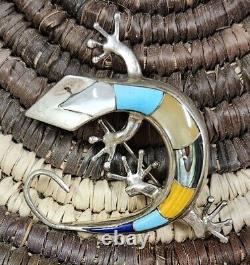 Vintage Native American Sterling Silver Multistone Inlay Lizard Pin Pendant