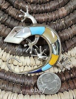 Vintage Native American Sterling Silver Multistone Inlay Lizard Pin Pendant