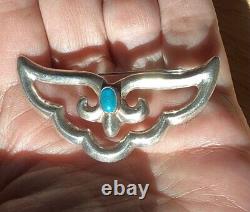 Vintage Native American Sterling Silver Sand Cast Wings Turquoise Cut Out Pin