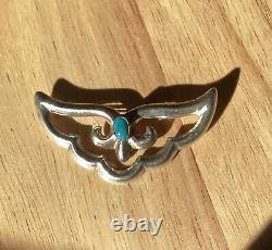 Vintage Native American Sterling Silver Sand Cast Wings Turquoise Cut Out Pin