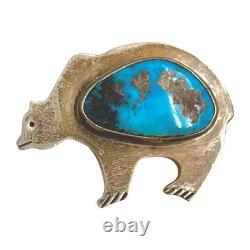 Vintage Native American Sterling Silver & Turquoise Bear Brooch / Pendant