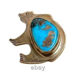 Vintage Native American Sterling Silver & Turquoise Bear Brooch / Pendant