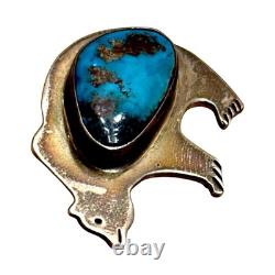Vintage Native American Sterling Silver & Turquoise Bear Brooch / Pendant
