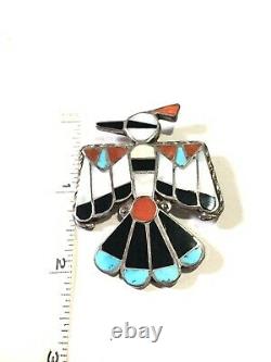 Vintage Native American Sterling Silver Turquoise & Coral Inlay Thunderbird Pin