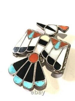 Vintage Native American Sterling Silver Turquoise & Coral Inlay Thunderbird Pin