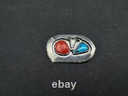 Vintage Native American Sterling Silver & Turquoise Coral Pendant Brooch