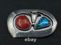 Vintage Native American Sterling Silver & Turquoise Coral Pendant Brooch